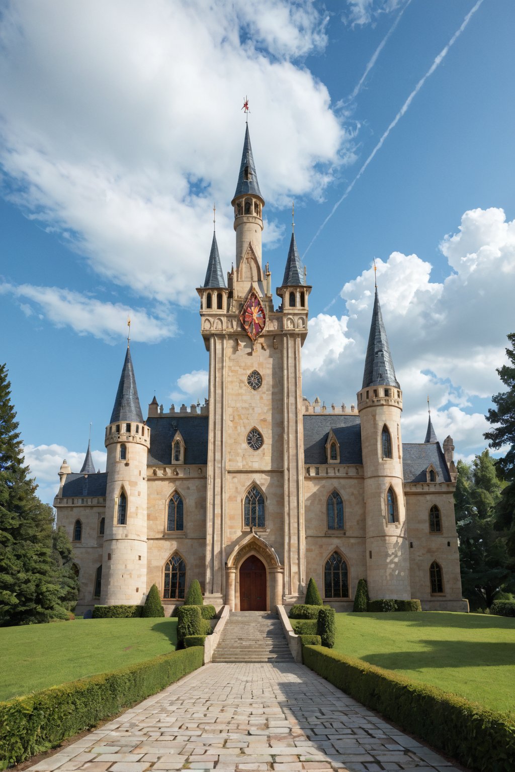 In a misty twilight landscape, a majestic dream castle rises from the clouds, its turrets and towers shrouded in a soft, ethereal glow. The stone walls seem to shimmer with an otherworldly light, as if infused with the magic of the night sky. A winding path leads up to the grand entrance, where a regal figure stands poised, ready to claim their kingdom within the mystical fortress's dreamlike halls.