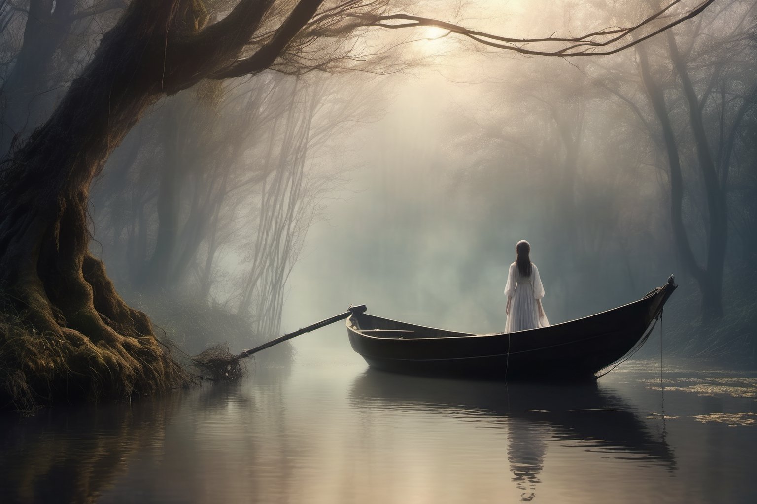 (best quality,4k,8k,highres,masterpiece:1.2),ultra-detailed,(realistic,photorealistic,photo-realistic:1.37),pale-dressed girl,creepy ferryman's boat,world of the dead,riverbank with blooming spider lilies,illustration,2 girls,spiritual atmosphere,misty surroundings,eerie atmosphere,water reflections,dark lighting,deceased spirits,ethereal figures,will-o'-the-wisps,hauntingly beautiful,lonely and mysterious setting,calm and tranquil ambiance,surreal composition,charmingly haunting,subtle shades of white,dreamlike haze,soft and delicate atmosphere,supernatural elements,ethereal glow,whispering winds,misty river,spiritual transition,seamless blend of reality and the supernatural,narrow river winding through dense fog,magical undertones,twisting vines and roots,wispy clouds,hidden secrets,evocative and ethereal,ghostly presence,spectral beings,nightfall on the river,shadows and light,reflection of the past,serene yet melancholic,dreamy composition,lost souls wandering silently,ethereal beauty,captivating and enchanting scenery,hauntingly poetic