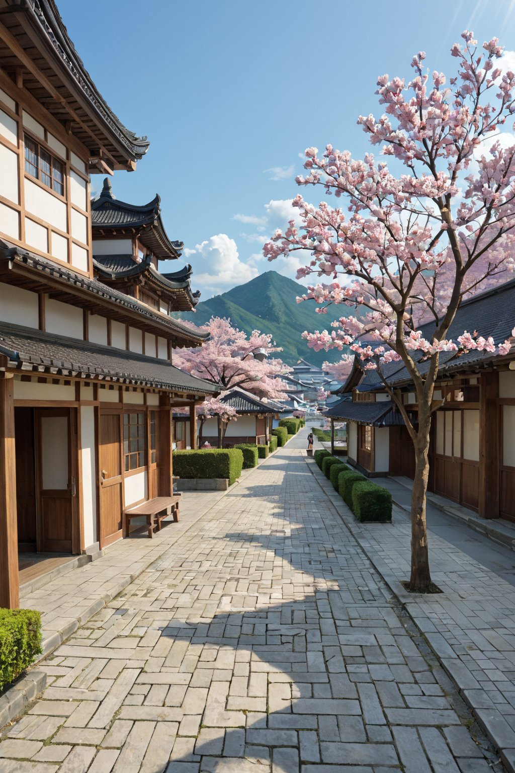 A serene image of a CITY in Japan's Heian period (794-1185 CE). The scene is set at dawn, with warm golden light casting long shadows across the bustling streets. Traditional wooden buildings with curved tiled roofs line the road, while vendors in kimono hurry to prepare for the day's trade. A tranquil canal runs through the center, its calm waters reflecting the city's peaceful atmosphere. People of all ages move about, their simple yet elegant attire a testament to the era's refinement. The air is filled with the sweet scent of blooming cherry blossoms and the soft chime of temple bells in the distance.