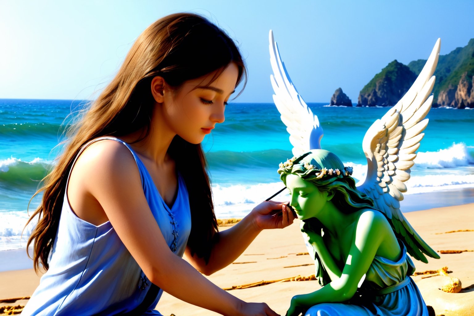 (4k),  (masterpiece),  (best quality), (extremely intricate),  (realistic),  (sharp focus),  (award winning),  (extremely detailed), (best quality,4k,8k,highres,masterpiece:1.2),ultra-detailed,(realistic,photorealistic,photo-realistic:1.37), A girl carving an angel  statue on the beach,Dilireba