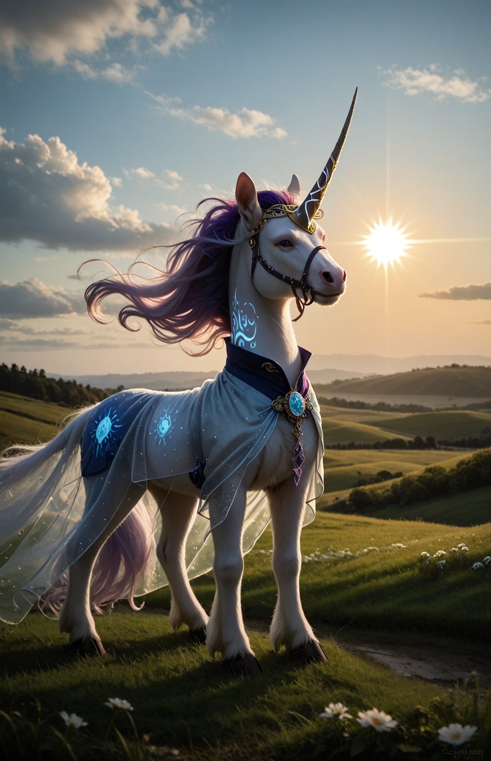 A majestic unicorn stands proudly in a sun-drenched meadow,  its shimmering coat glistening with an iridescent glow. The s...