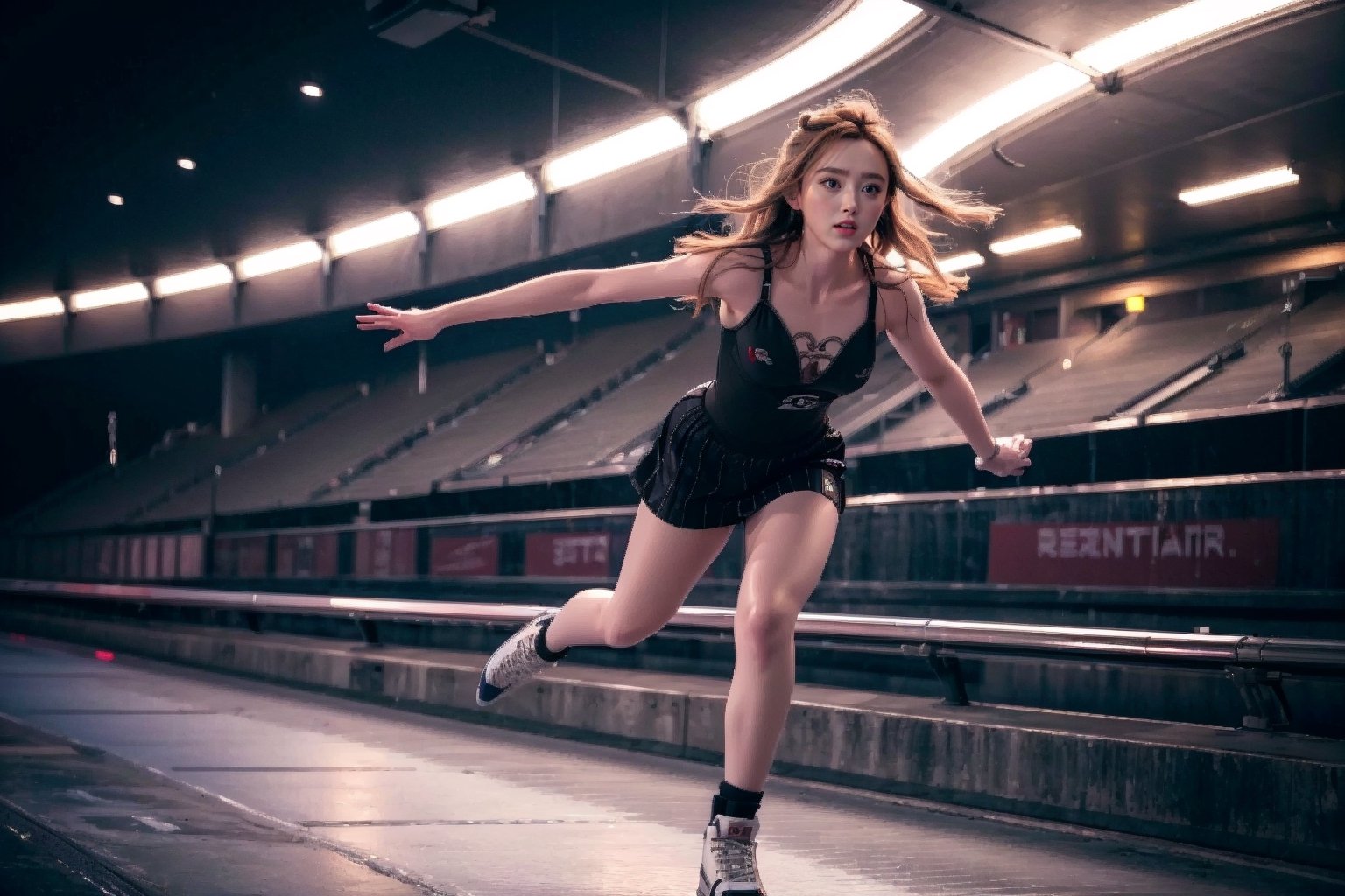 (best quality, 8k, highres, masterpiece:1.2), ultra-detailed, realistic, cinematic light,2  girls , speed skating, short tracks, overtaking on curves,kathrynnewton