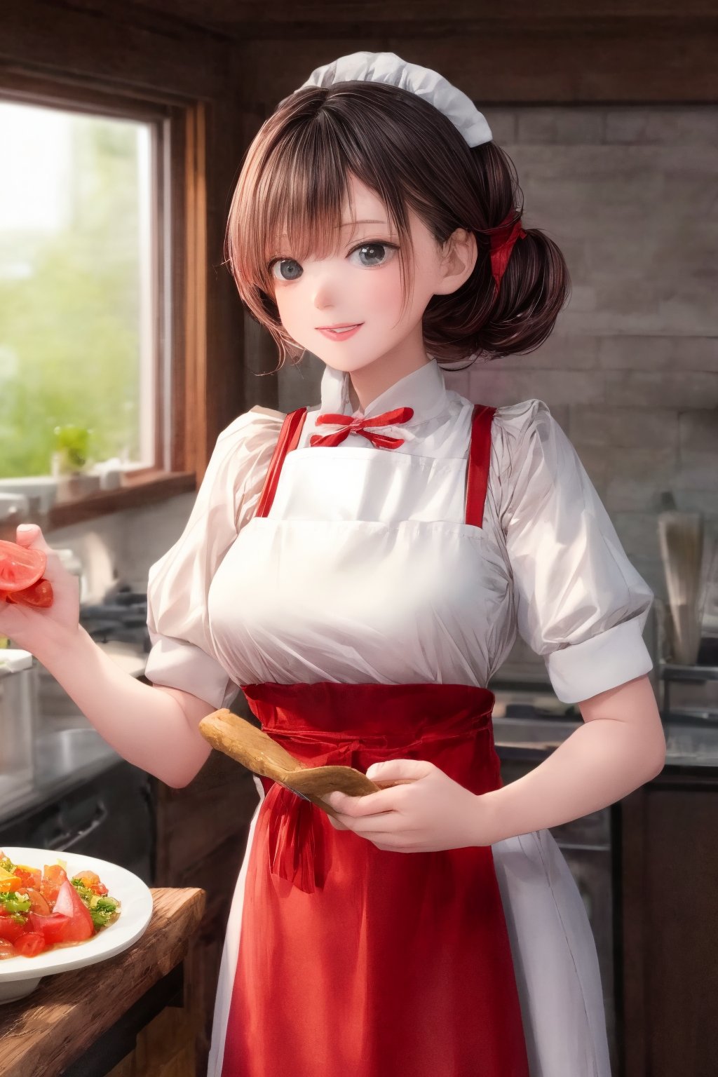 A courtly female chef stands in a warm, golden-lit kitchen, her white apron stained with subtle hints of red from fresh tomatoes. She wears a bright smile as she expertly chops a fragrant herb, her curly brown hair tied back with a crimson ribbon. The rustic wooden table behind her is cluttered with cookbooks and utensils, while a large stone fireplace crackles in the background, casting a cozy glow on the scene.