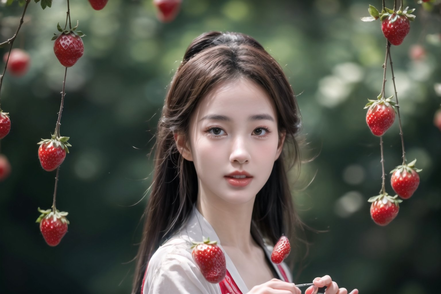 (sharp focus),  (award winning),  (extremely detailed),  (best quality, 4k, 8k, highres, masterpiece:1.2), ultra-detailed, (realistic, photorealistic, photo-realistic:1.37), A girl is picking strawberries and eating them with a little bird., full body, 1 girl ,huangyuyao