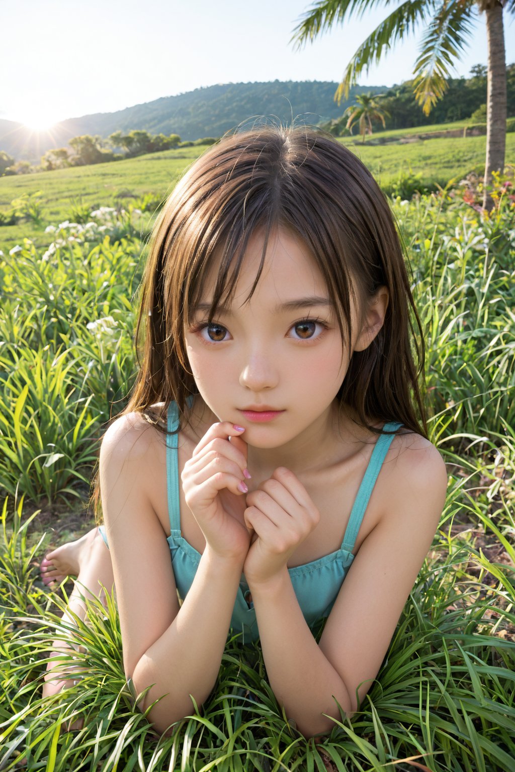 A whimsical scene unfolds: A young girl lies on her stomach in a sun-kissed meadow at the end of summer, her chin cradled in the palm of her hand. Her gaze is fixated on a tiny insect, posed adorably on a nearby blade of grass. The warm light casts a gentle glow on her profile, with soft focus blurring the surrounding flora.