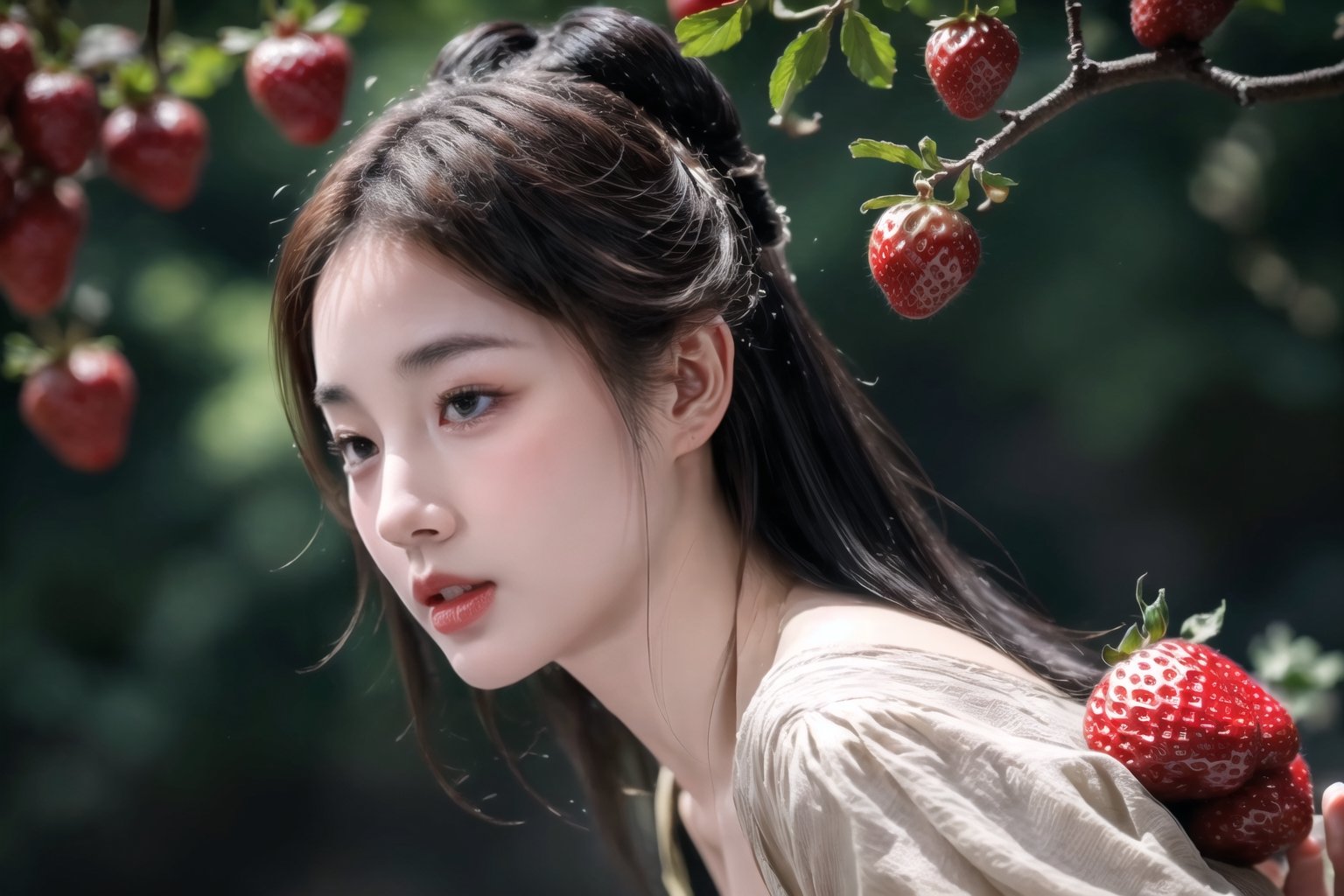 (sharp focus),  (award winning),  (extremely detailed),  (best quality, 4k, 8k, highres, masterpiece:1.2), ultra-detailed, (realistic, photorealistic, photo-realistic:1.37), A girl is picking strawberries and eating them with a little bird., full body, 1 girl ,huangyuyao