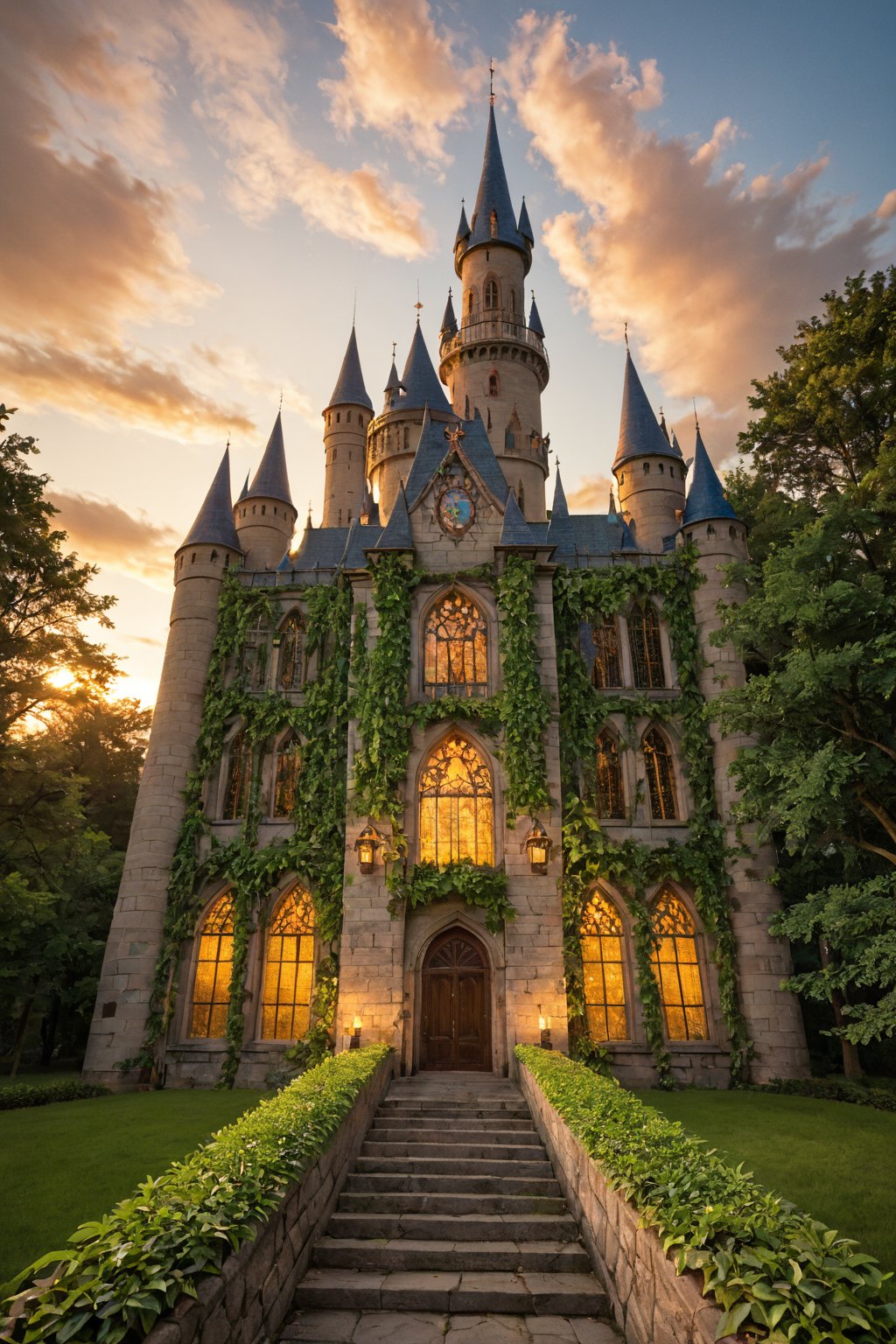 A majestic dream castle rises majestically against a vibrant orange sunset sky, its turrets and towers reaching towards the clouds like giant's fangs. Soft golden lighting wraps around the structure, casting a warm glow on the rolling hills and lush green forests below. The stone walls are adorned with intricate carvings and vines, while a wispy mist swirls at the castle's base, as if the very essence of fantasy lingers nearby.