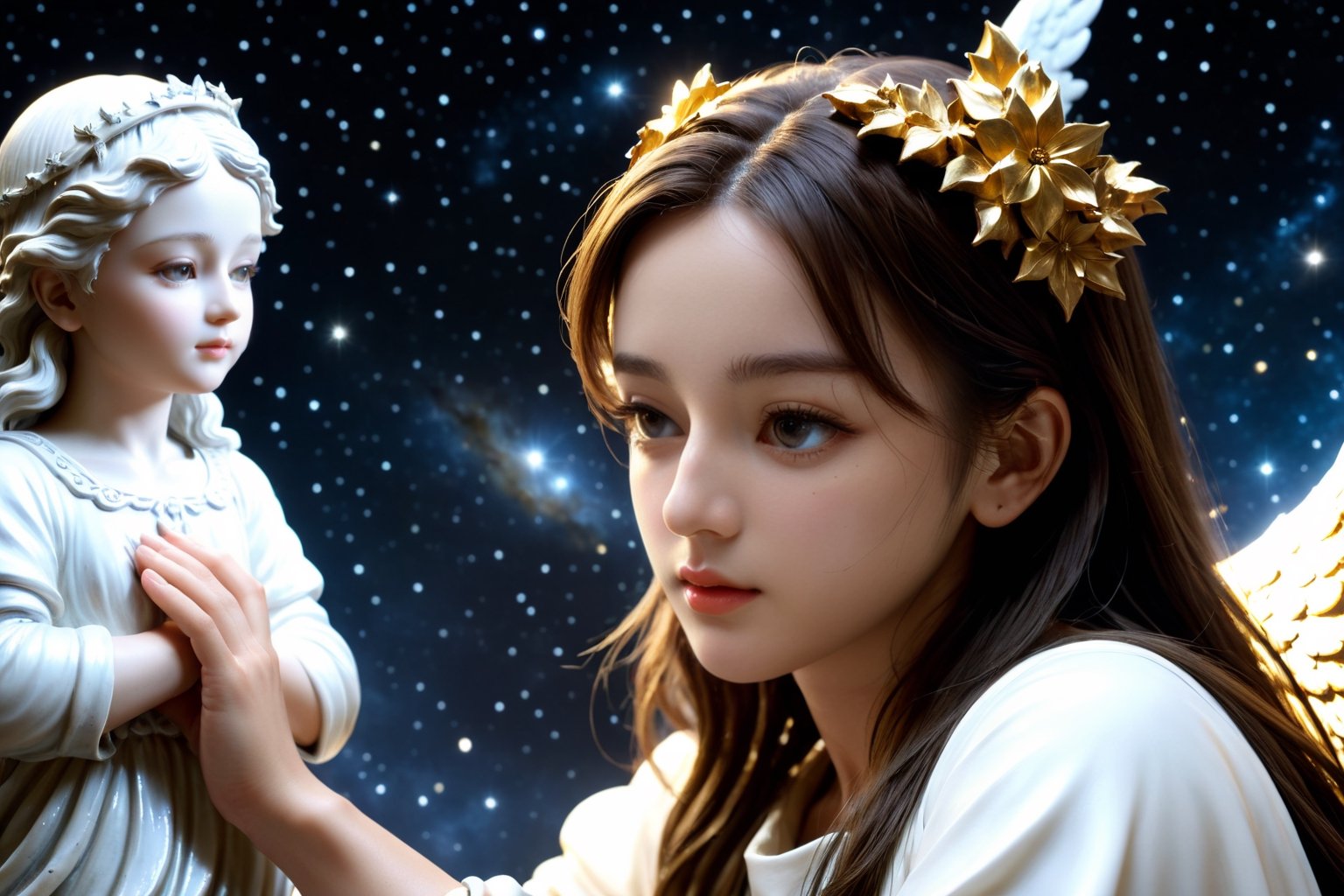 (4k),  (masterpiece),  (best quality), (extremely intricate),  (realistic),  (sharp focus),  (award winning),  (extremely detailed), (best quality,4k,8k,highres,masterpiece:1.2),ultra-detailed,(realistic,photorealistic,photo-realistic:1.37), A girl carving an angel  statue, universe, Dilireba