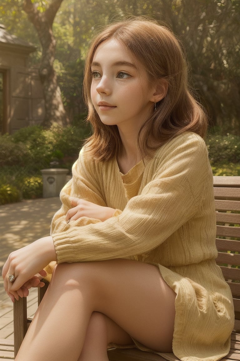 A young woman sits with legs crossed, hands cradling knees, in a serene outdoor setting with lush greenery and warm sunlight casting gentle shadows. She gazes peacefully into the distance, her features illuminated by a soft, golden glow.