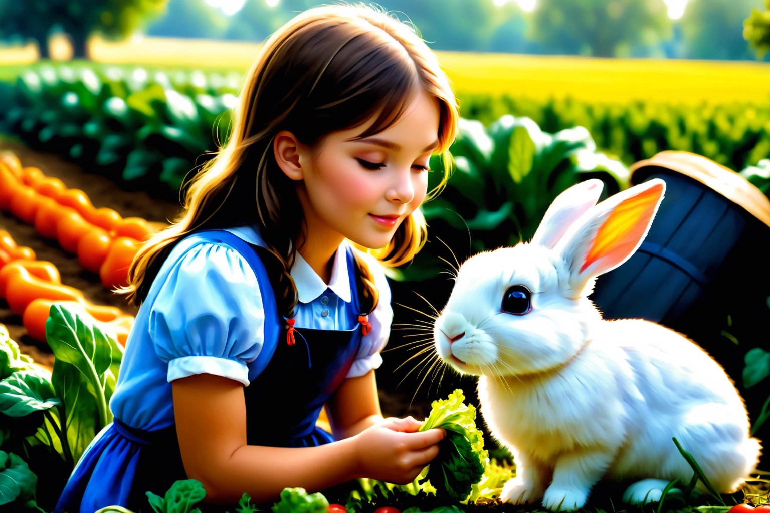 (sharp focus),  (award winning),  (extremely detailed),  (best quality, 4k, 8k, highres, masterpiece:1.2), ultra-detailed, (realistic, photorealistic, photo-realistic:1.37), A girl and a rabbit, the rabbit is eating vegetables from the field