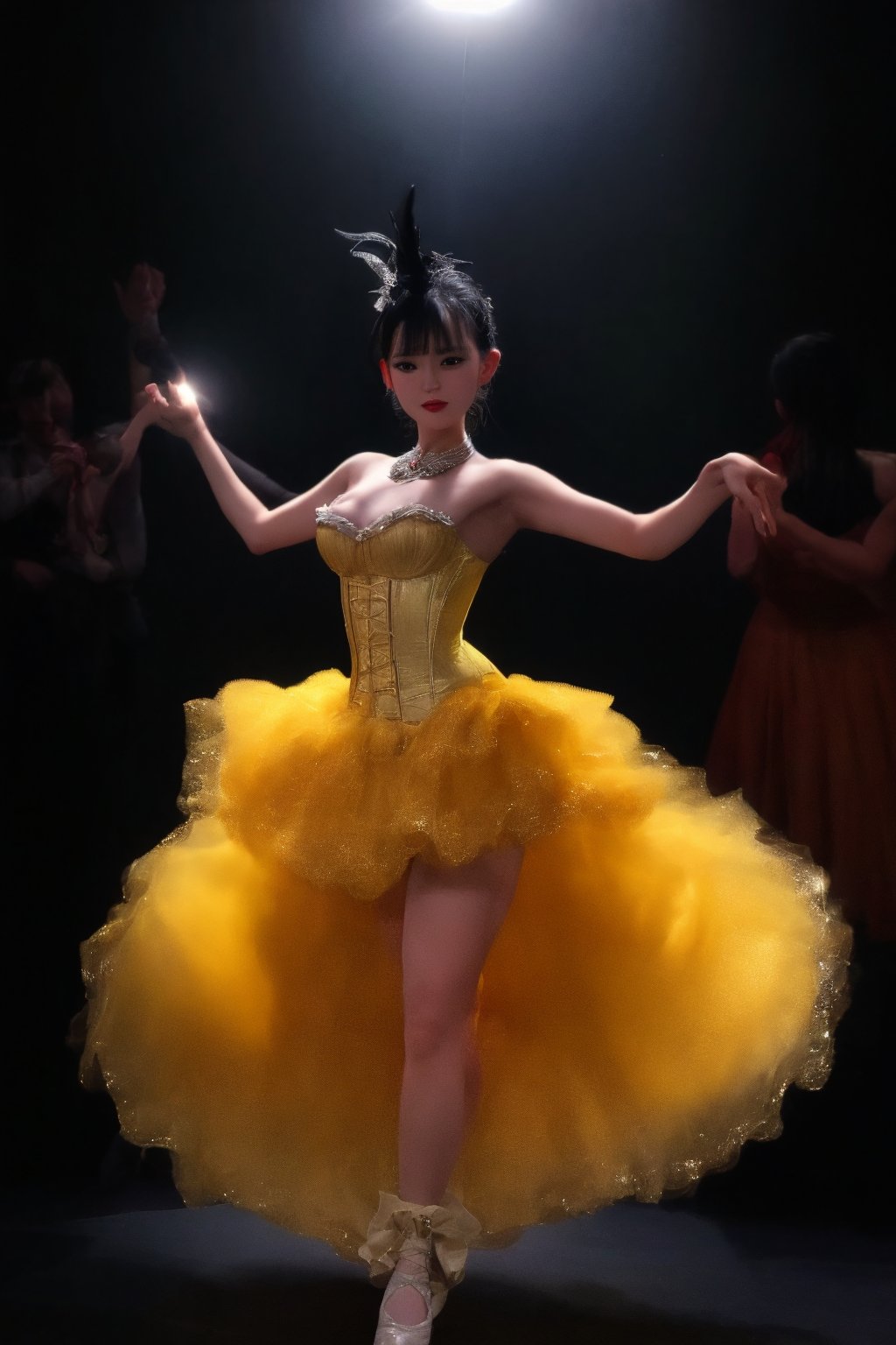 A stunning dancer in a dimly lit, vintage-inspired cabaret setting. Soft, warm lighting casts a golden glow on her porcelain skin and raven-black hair as she strikes a dramatic pose mid-pirouette. Her flowing tutu and ornate corset glimmer like diamonds against the rich, dark backdrop.