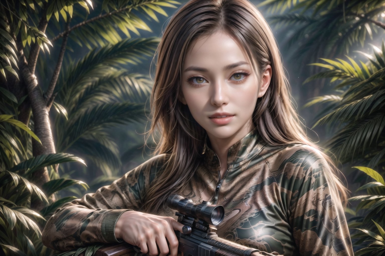 (sharp focus),  (award winning),  (extremely detailed),  (best quality, 4k, 8k, highres, masterpiece:1.2), ultra-detailed, (realistic, photorealistic, photo-realistic:1.37),Female sniper hiding above a tree in the jungle,full body, A sniper rifle, her sharp eyes looking through the scope, a smile on her lips,Daughter of Dragon God