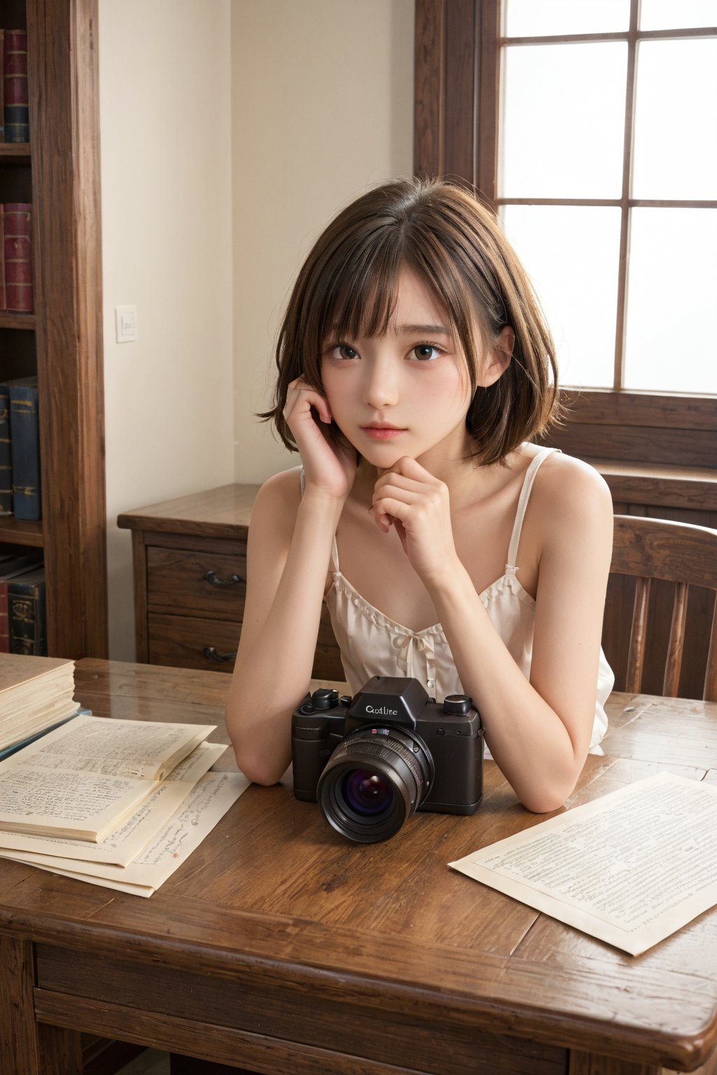 A young girl reclines on a worn wooden desk, her petite frame slouched forward as she nestles her chin into the cradle of her hands. Soft morning light spills through the window, casting a gentle glow over her peaceful expression, while the surrounding textbooks and papers create a subtle background noise.