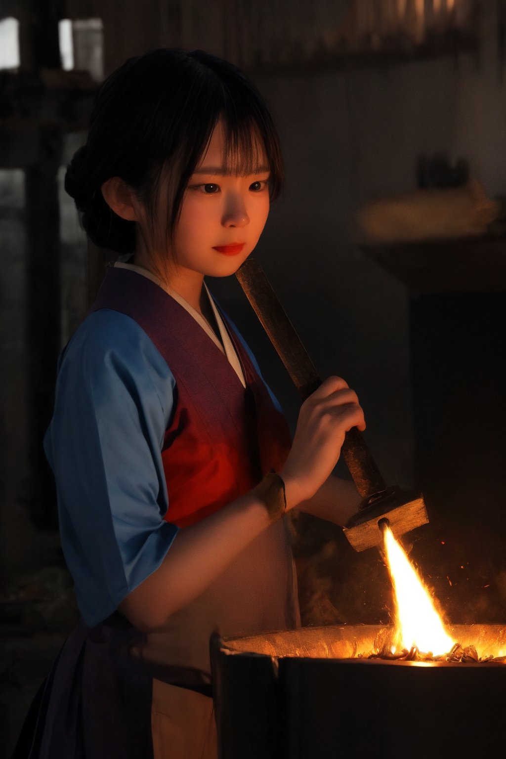 A close-up shot of a female Japanese swordsmith, dressed in traditional garb, her face illuminated by the warm glow of the forge. She raises her hammer, coiled muscles evident as she prepares to strike the glowing red-hot iron. The metal block, like liquid fire, trembles with anticipation. In the background, the subtle hum of the forge and the soft clanging of tools create a soothing ambiance. The swordsmith's hands move with precision, her focus intense, as she shapes the iron into a majestic Japanese sword.