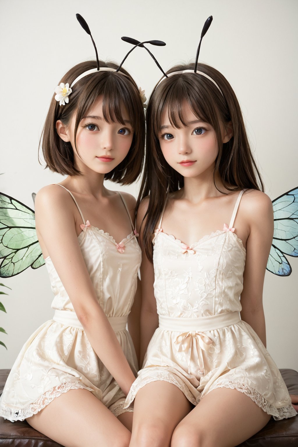 Softbox lit studio setting with a plain white background. Two young girls, around 8-10 years old, sit on opposite sides of the frame, dressed in matching cicada costumes complete with shiny exoskeletons and delicate wings. They strike adorable poses, one giggling as she holds her antennae, the other posing with her wings slightly askew. The warm lighting accentuates their bright smiles and sparkling eyes.