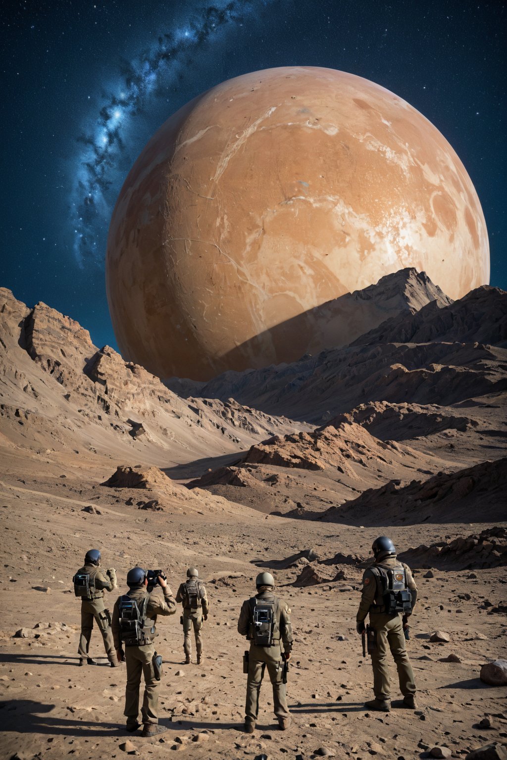 A distant planet's ravaged landscape stretches across the blackness of space as a group of translucent, gelatinous aliens eerily float amidst the wreckage of their once-mighty spacecraft. The desolate terrain is illuminated by the faint glow of nearby stars, casting an otherworldly ambiance.