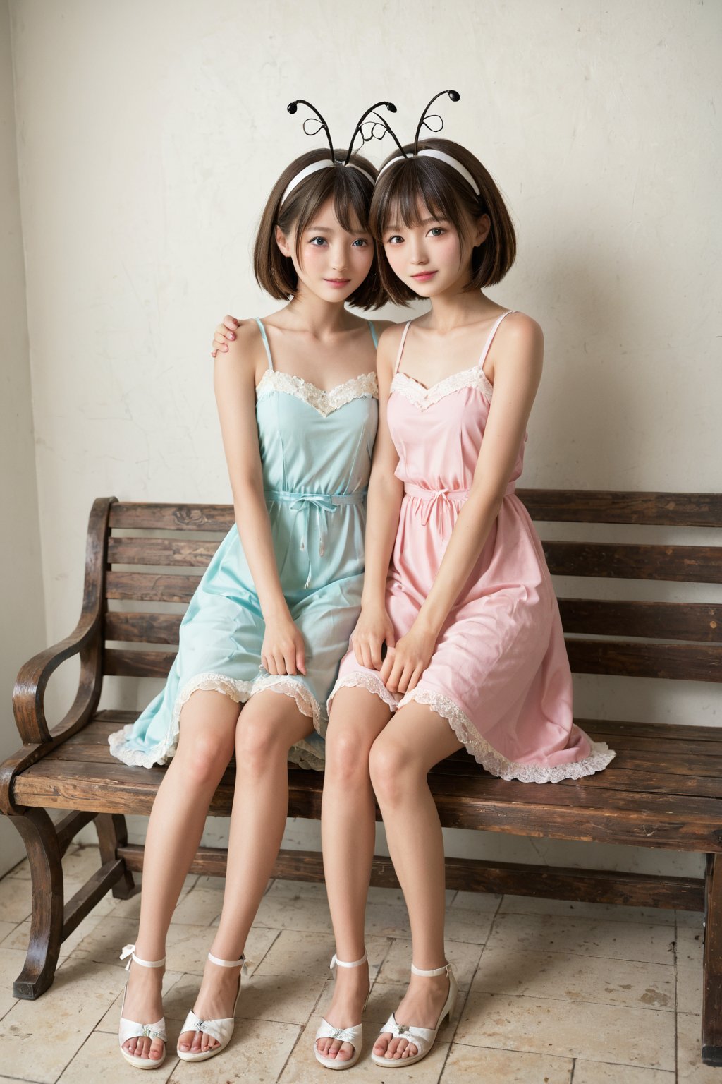 A whimsical still life: In a cozy photo studio, two girls pose as cicadas, their bright dresses and antennae-adorned headbands radiating sunshine. One girl sits cross-legged on a rustic wooden bench, her arms wrapped around her knees like a cicada's protective shell. The other stands behind her, one hand grasping the bench's backrest, while the other holds a delicate leaf-shaped prop. Soft, warm lighting casts a flattering glow, accentuating their giggles and playful antics.