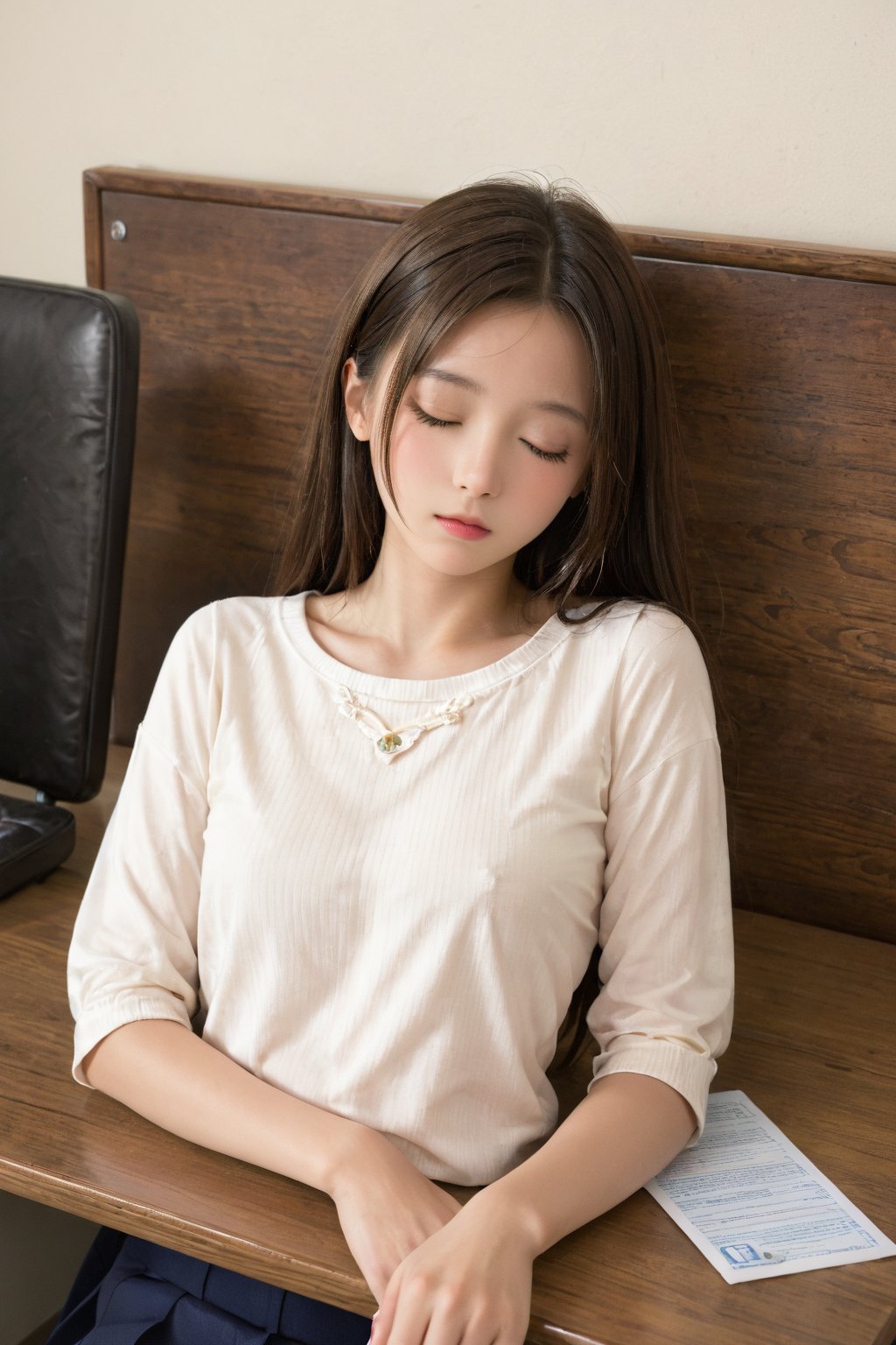 A girl sleeping on a desk with her chin in her hands