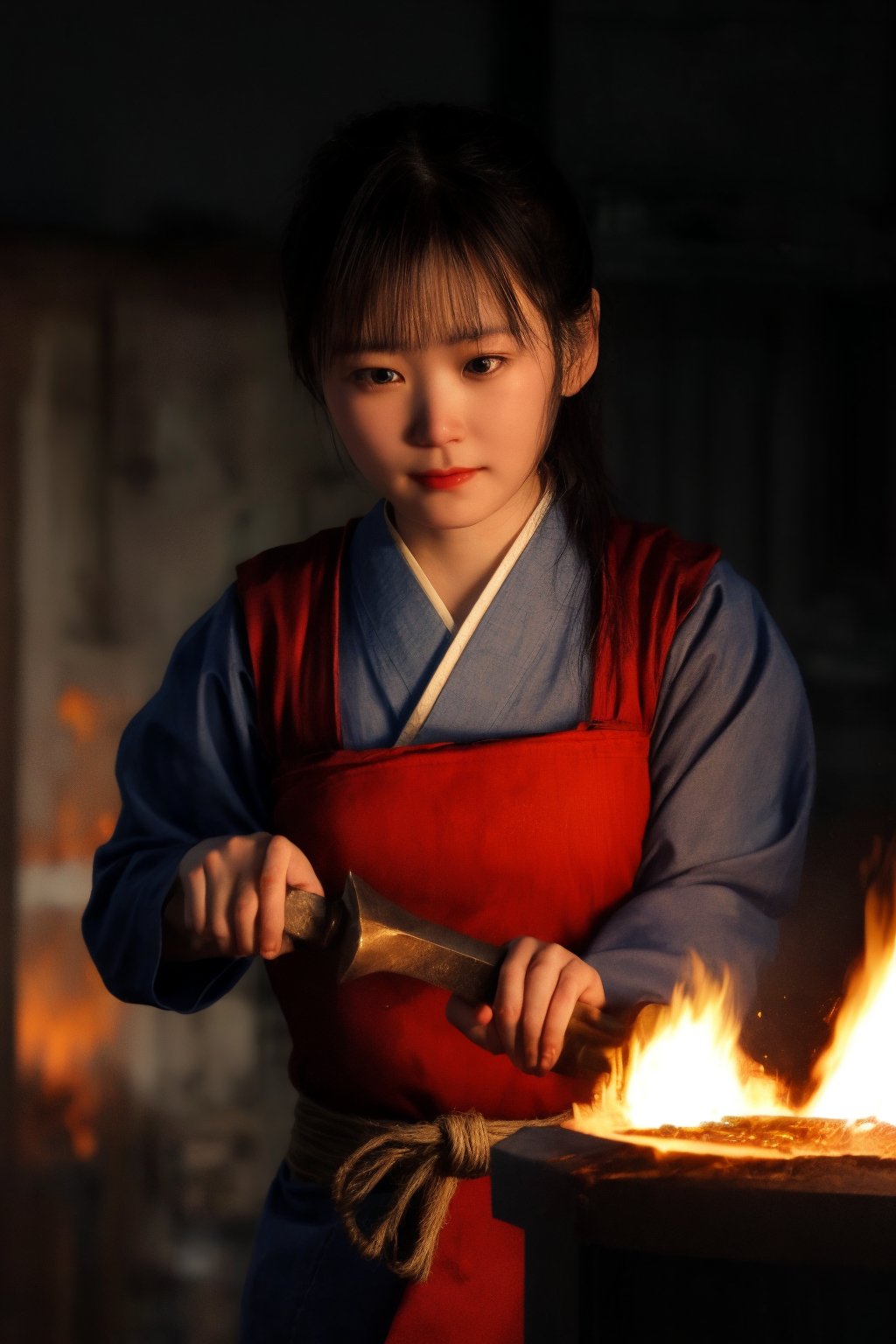 A close-up shot of a female Japanese swordsmith, dressed in traditional garb, her face illuminated by the warm glow of the forge. She raises her hammer, coiled muscles evident as she prepares to strike the glowing red-hot iron. The metal block, like liquid fire, trembles with anticipation. In the background, the subtle hum of the forge and the soft clanging of tools create a soothing ambiance. The swordsmith's hands move with precision, her focus intense, as she shapes the iron into a majestic Japanese sword.