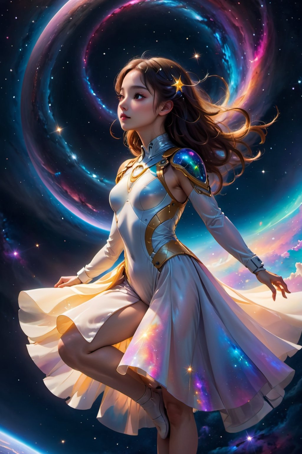 best quality, 8k, realistic, vibrant colors, high-res lighting,  galaxies, A girl floating in a space suit, breathtaking landscapes, ethereal atmosphere, sparkling stars, glowing nebulae, celestial wonders, surreal beauty, mesmerizing glow, cosmic journey, dreamlike scenes, tranquil depths, floating gracefully, immersive experience, mesmerizing visuals,  otherworldly creatures, graceful movements, enchanted world, celestial ballet, mystical ambiance, divine energy, celestial serenity, serene tranquility