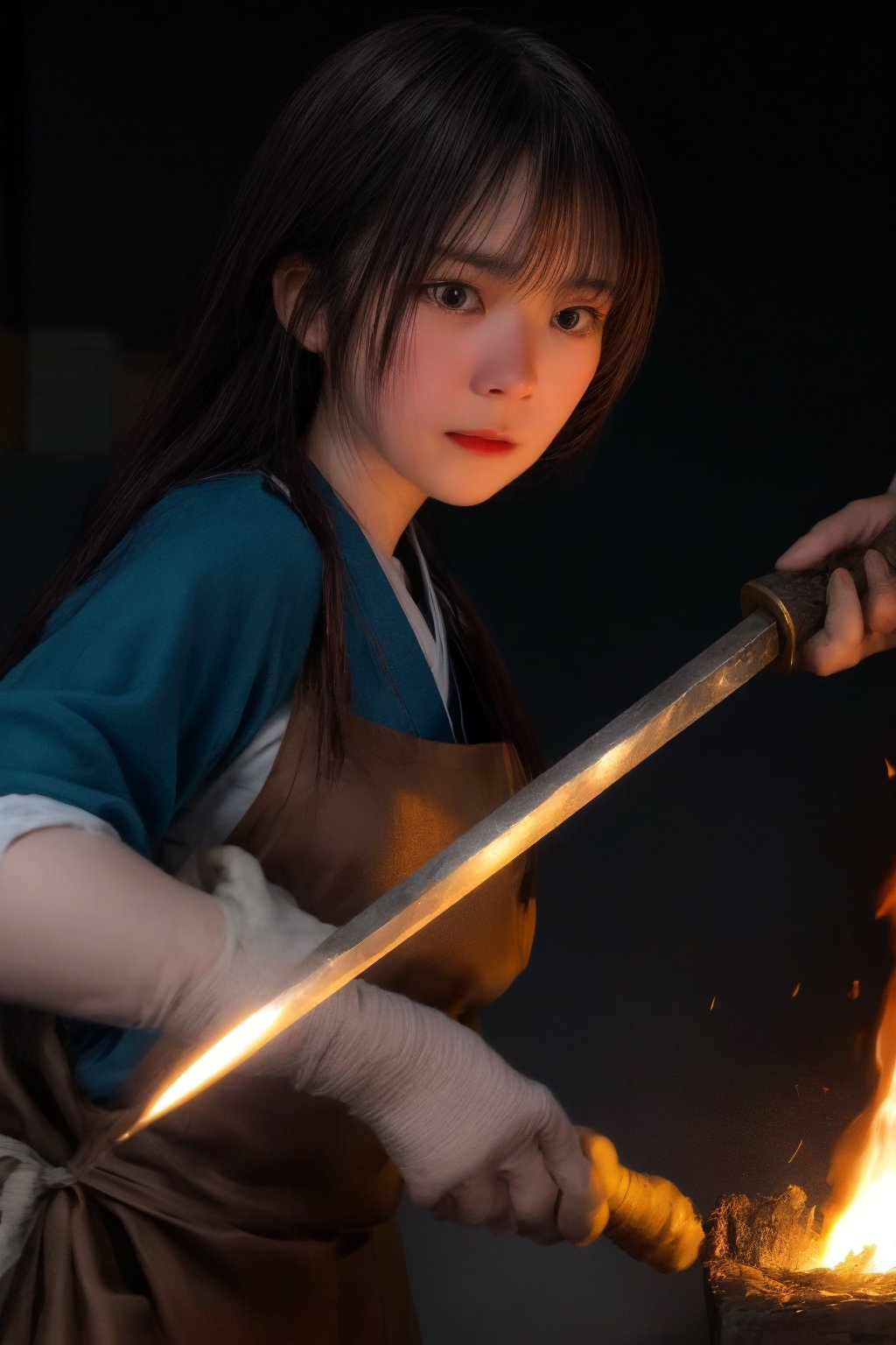 A close-up shot of a determined Japanese woman, her face set with concentration, as she swings a hammer in swift, precise arcs to shape a glowing piece of red-hot iron into the curved blade of a katana. The sound of hammer striking metal echoes through a well-lit forge, casting a warm glow on the subject's dark hair and worn apron.