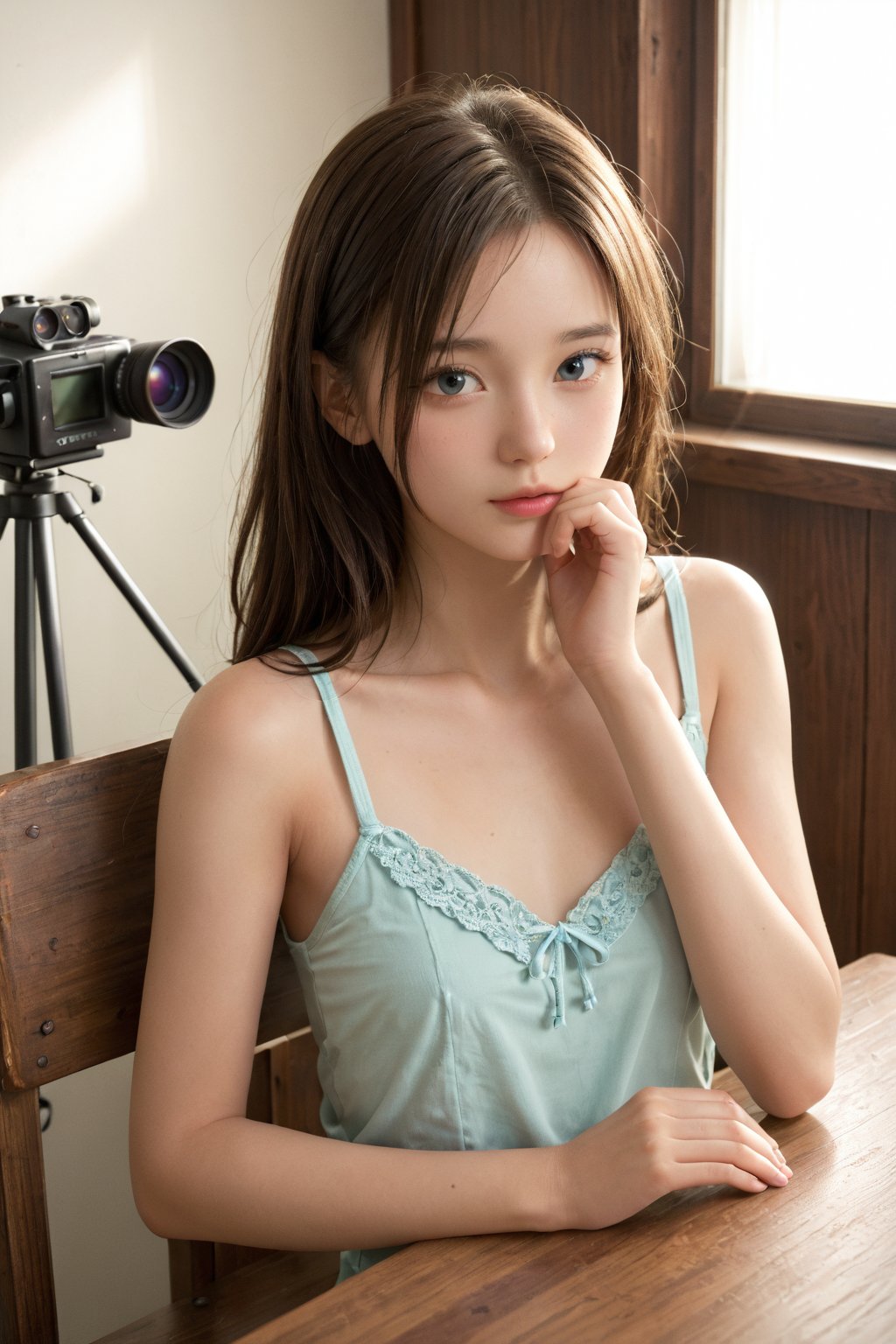 A close-up shot of a young girl reclining across a wooden desk, her face relaxed and peaceful as she rests her chin gently in the palms of her hands. Soft, warm lighting illuminates her features, casting a gentle glow across her skin. The composition is simple yet intimate, focusing attention on the subject's serene expression.