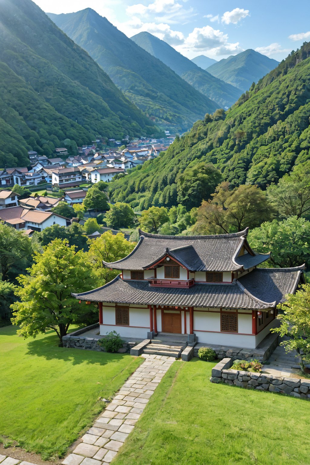 A serene morning in a Japanese ancient city, with worn stone walls and wooden temples standing tall amidst lush greenery. A misty veil lingers, casting an ethereal glow on the tranquil streets. In the distance, traditional houses with tile roofs blend harmoniously into the surrounding mountains. The air is crisp, filled with the scent of incense and freshly cut grass.