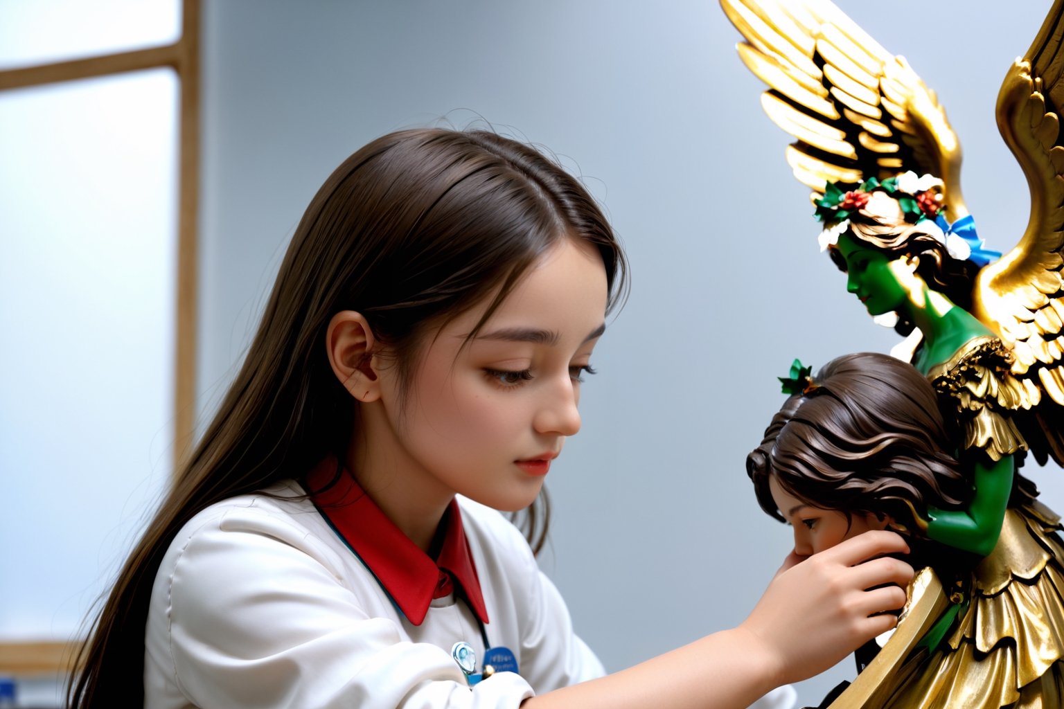 (4k),  (masterpiece),  (best quality), (extremely intricate),  (realistic),  (sharp focus),  (award winning),  (extremely detailed), (best quality,4k,8k,highres,masterpiece:1.2),ultra-detailed,(realistic,photorealistic,photo-realistic:1.37), A girl carving an angel  statue, classroom, Dilireba