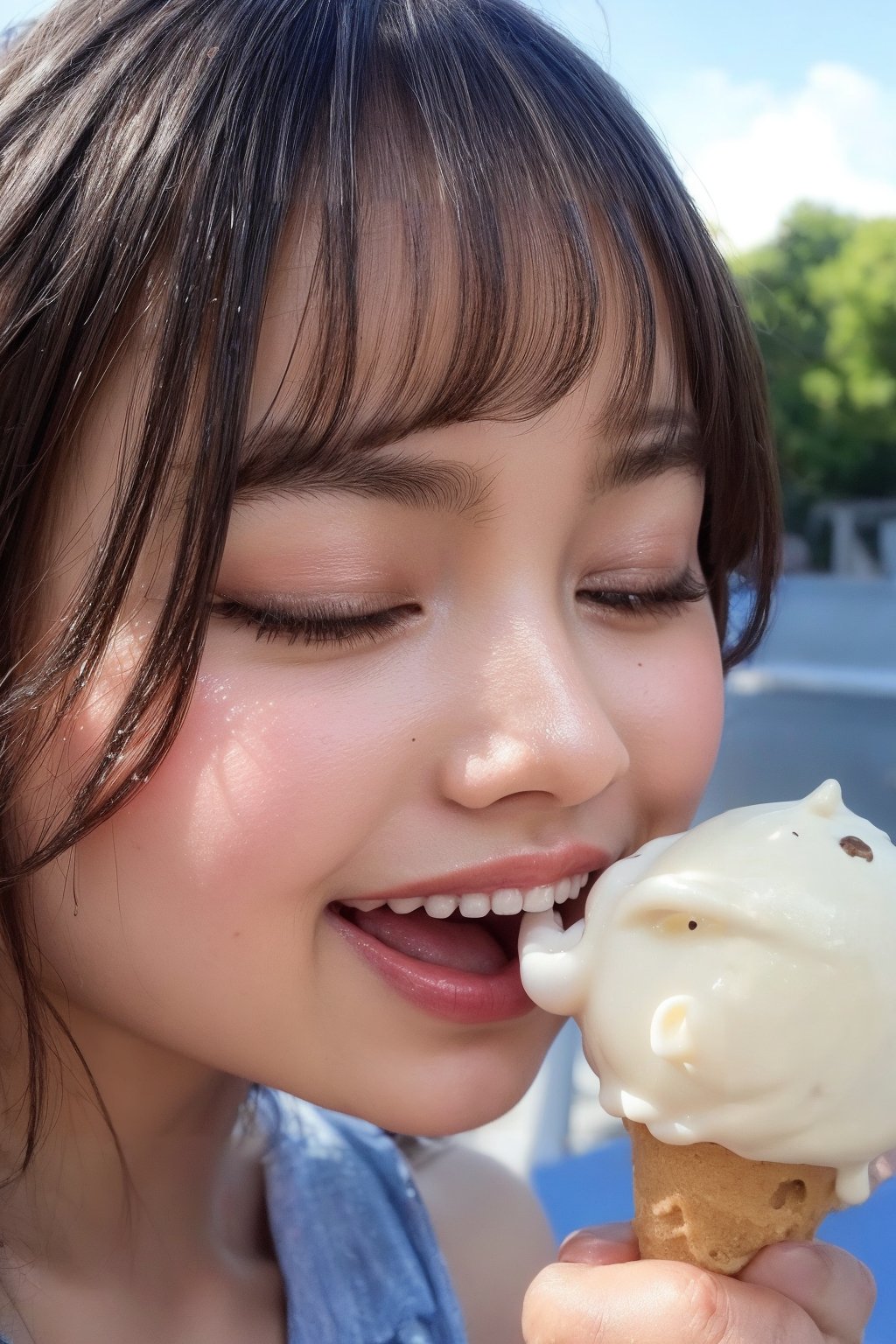 Close-up shot of a happy girl's face,  eyes closed in bliss as she licks a cone of creamy soft-serve ice cream. The warm s...