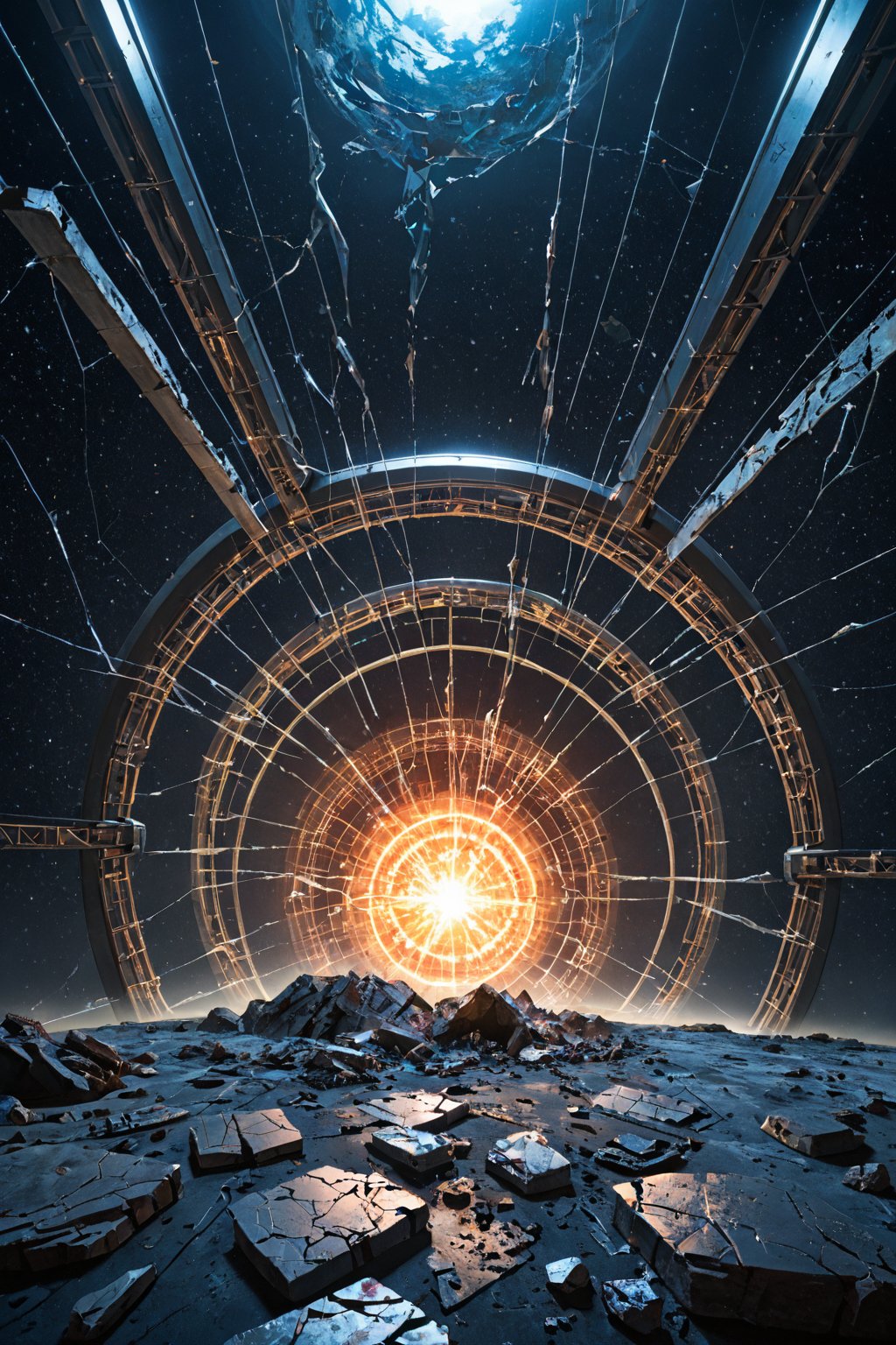 A catastrophic spaceship crash in the desolate vastness of outer space, with debris scattered across the dark, star-speckled background. A cluster of glowing, translucent aliens hover nearby, their ethereal forms undulating as they examine the wreckage. The ship's hull lies cracked open, revealing a maelstrom of twisted metal and shattered glass.