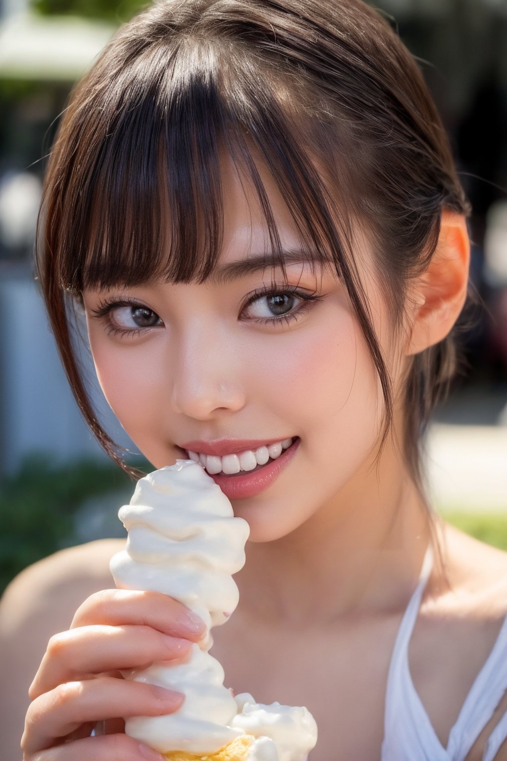 A close-up shot of a smiling girl's face,  her eyes shining with joy as she licks a swirl of creamy soft serve ice cream f...