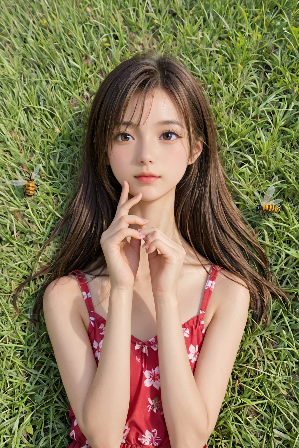 A girl lying face down with her chin in her hand, a meadow at the end of summer,  gazing at a small insect in a cute pose