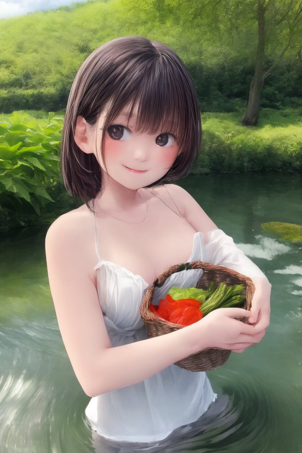 A serene riverside scene: a young girl, dressed in simple clothing, gently washes a basket of fresh vegetables in the crystal-clear water. Soft sunlight casts a warm glow on her smiling face and the lush greenery surrounding her. The camera's angle is low, capturing the vibrant colors of the produce and the gentle ripples on the river's surface.