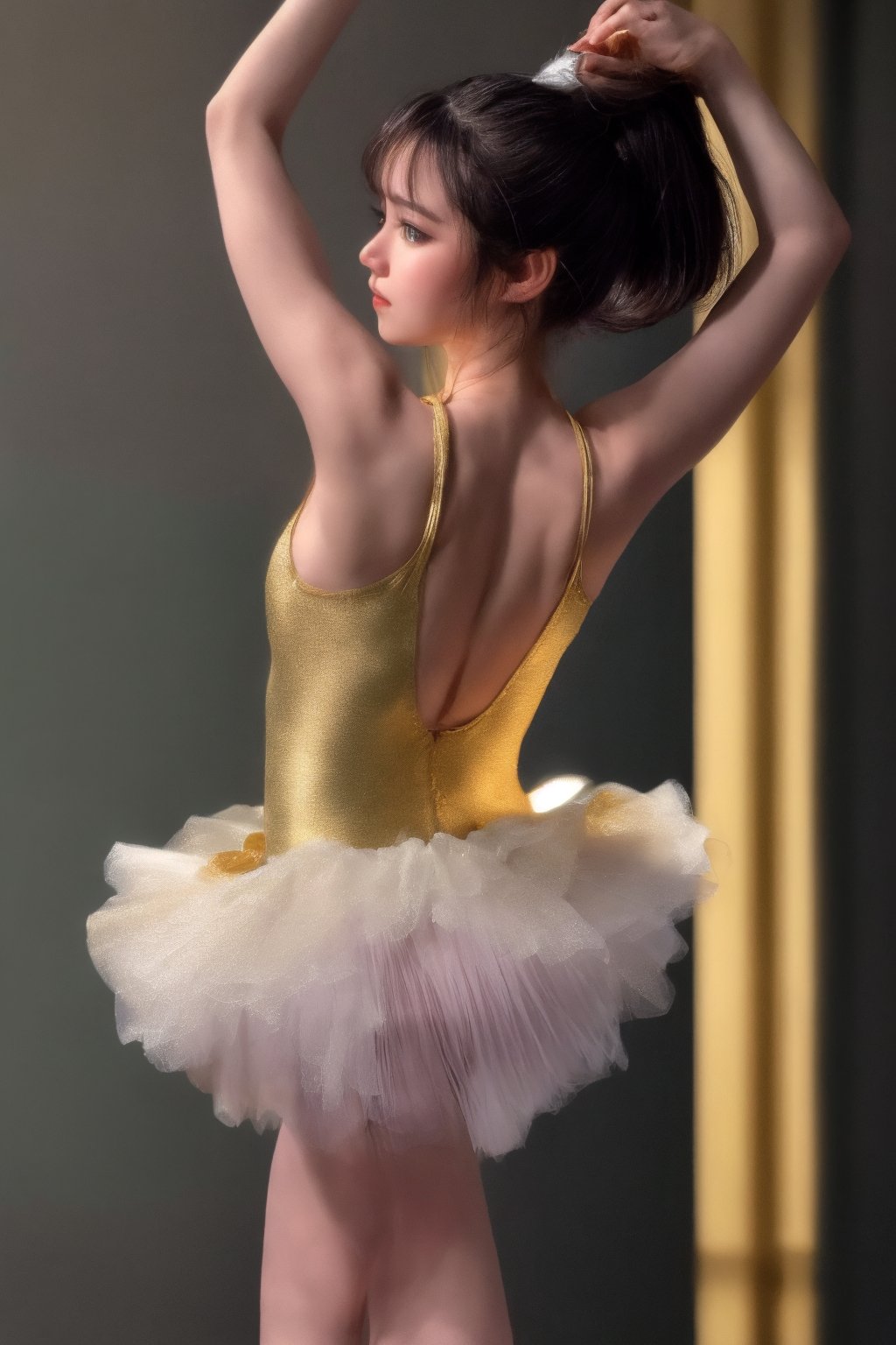 A young woman in a flowing white tutu, her dark hair styled in a sleek ponytail, stands poised on one leg while stretching her arms above her head. The dancer's eyes are cast downward, her focus intense as she prepares to launch into a series of precise movements. A soft, golden light illuminates the scene from behind, casting a warm glow over the subject.