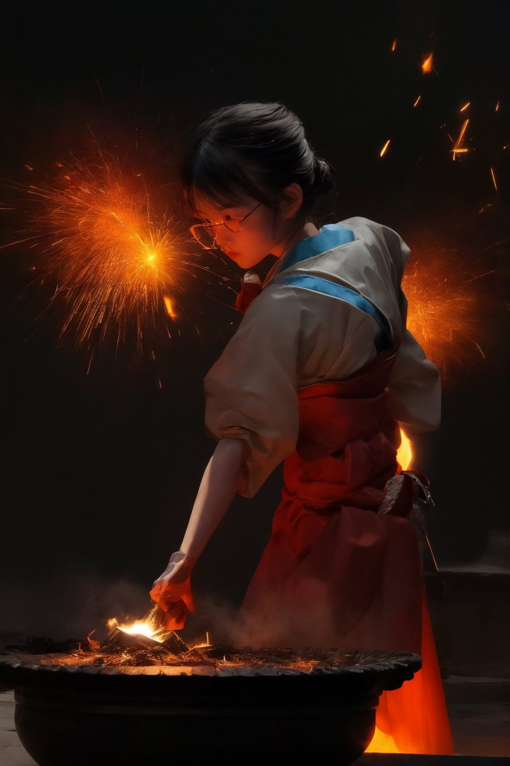 A close-up shot of a determined Japanese woman, clad in traditional clothing and safety goggles, stands over a glowing forge as she skillfully hammers away at a chunk of fiery red-hot iron. The anvil beneath her hands glows with a warm orange hue, while the sparks flying off the metal create a mesmerizing dance around her. Her focus is unwavering as she shapes the metal into the iconic curve of a Japanese sword, the sounds of hammering and hissing iron filling the air.