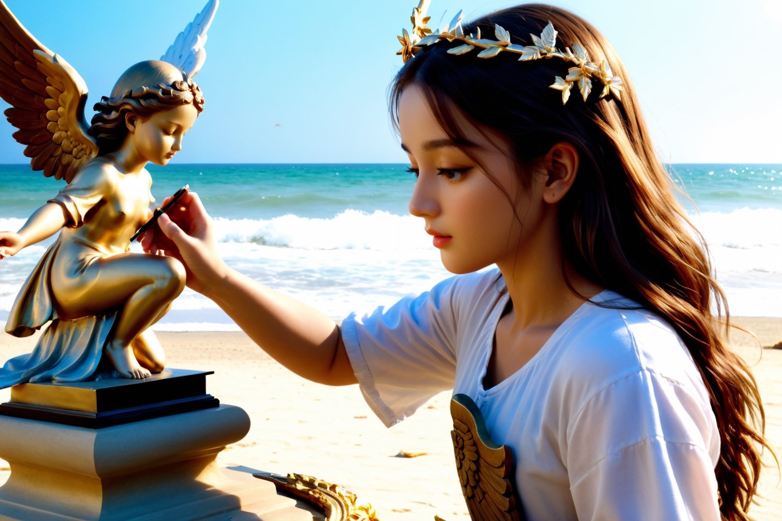 (4k),  (masterpiece),  (best quality), (extremely intricate),  (realistic),  (sharp focus),  (award winning),  (extremely detailed), (best quality,4k,8k,highres,masterpiece:1.2),ultra-detailed,(realistic,photorealistic,photo-realistic:1.37), A girl carving an angel  statue on the beach,Dilireba