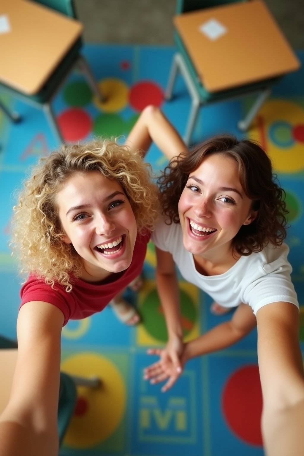A vibrant scene unfolds in a colorful classroom: two young women,  one with curly blonde hair and bright blue eyes,  the o...