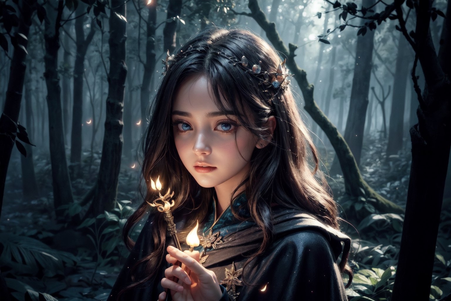 (best quality,4k,highres,ultra-detailed,realistic,professional),portrait,beautiful detailed eyes,beautiful detailed lips,magician in a magical world,medium:oil painting,fantasy,enchanted forest,dark atmospheric lighting,vibrant colors,mysterious atmosphere,flowing robes and cape,long flowing hair,holding a glowing staff,wisps of magic swirling around,enchanted animals and creatures,sparkling stars and fireflies,eyes filled with wonder,magical sparks and glittering particles,spellbinding and captivating.