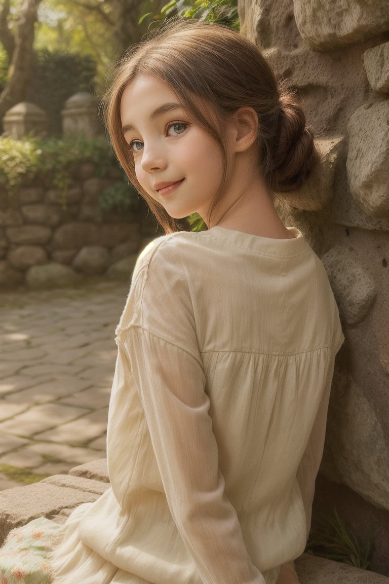 A serene girl sits comfortably on a worn stone bench, surrounded by lush greenery. Her eyes gaze softly into the distance, a gentle smile playing on her lips as she leans back against the rustic stone wall. Soft afternoon sunlight casts a warm glow, highlighting the soft folds of her clothing and the relaxed lines of her pose.