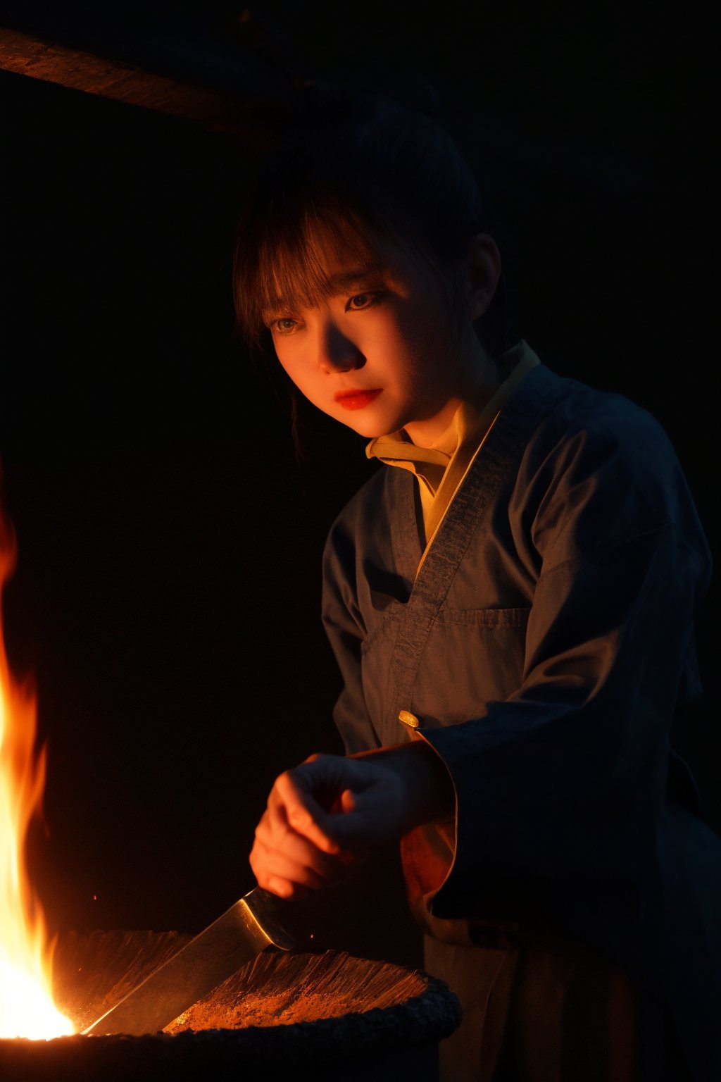 A close-up shot of a determined female Japanese swordsmith, her face illuminated by the fiery glow of the forge, as she skillfully hammers a glowing block of red-hot iron into the shape of a traditional Japanese sword. The camera's framing emphasizes her intense focus and precise technique, with the sizzling metal and hammering sounds creating a sense of energy and urgency.