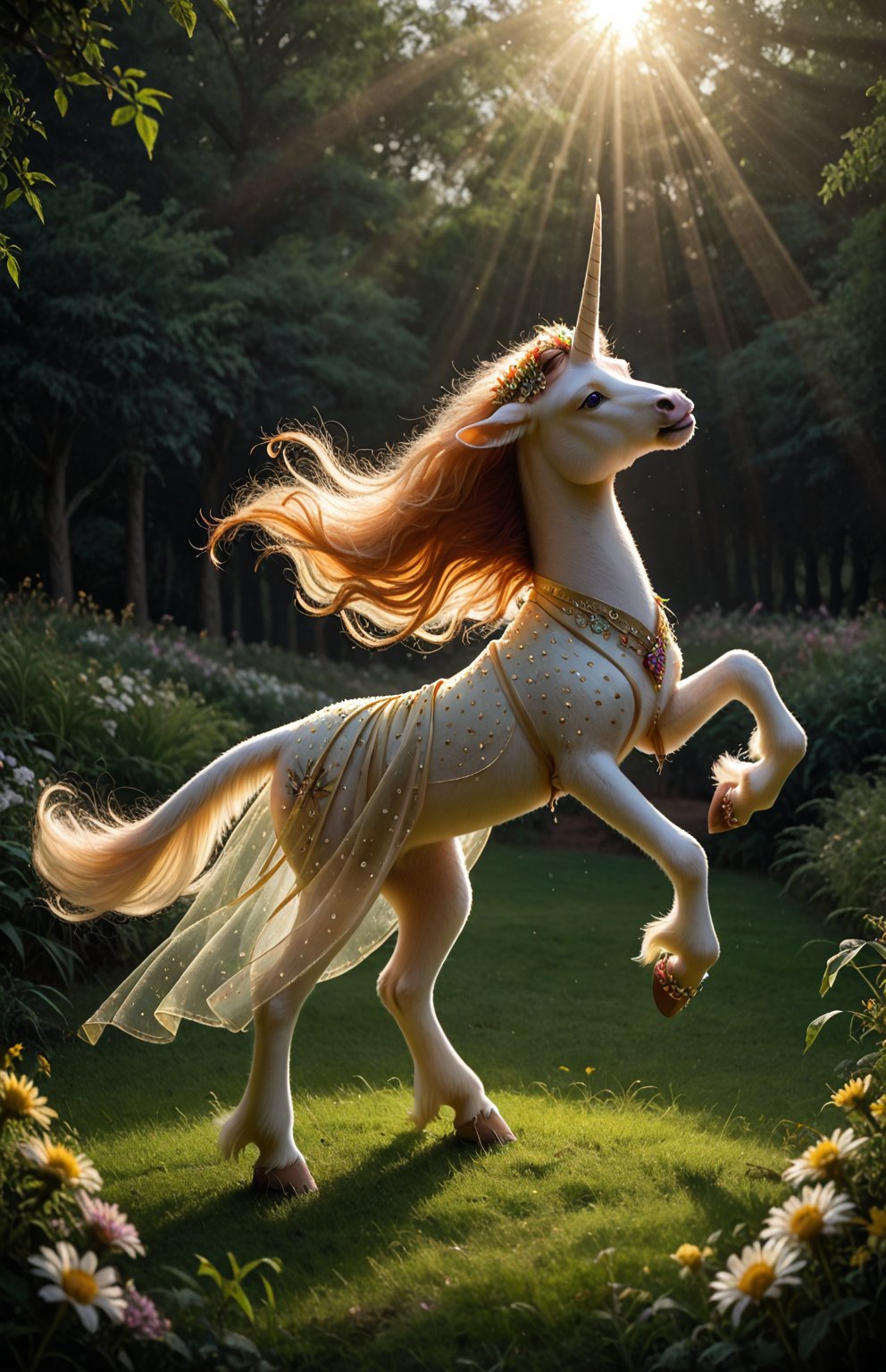 A majestic unicorn prances against a whimsical sunset backdrop,  its shimmering coat illuminated by warm golden light. Del...
