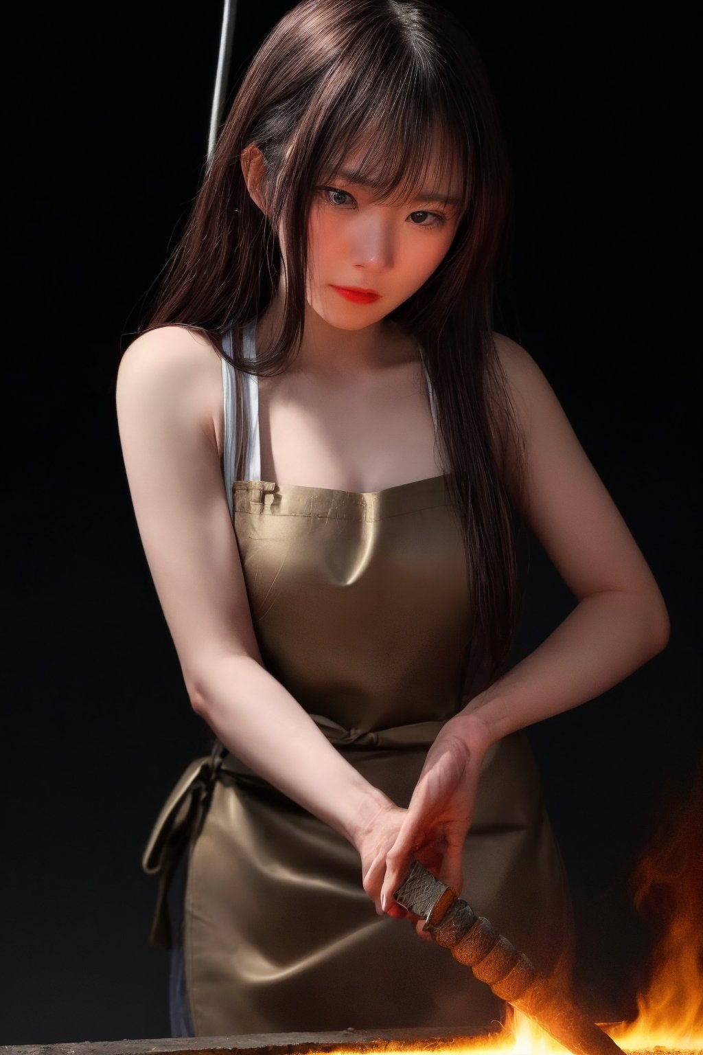 A close-up shot of a determined Japanese woman, her face set with concentration, as she swings a hammer in swift, precise arcs to shape a glowing piece of red-hot iron into the curved blade of a katana. The sound of hammer striking metal echoes through a well-lit forge, casting a warm glow on the subject's dark hair and worn apron.