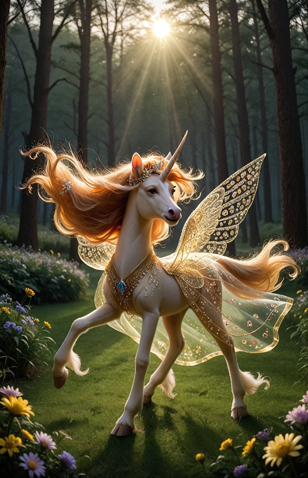 A majestic unicorn prances against a whimsical sunset backdrop,  its shimmering coat illuminated by warm golden light. Del...