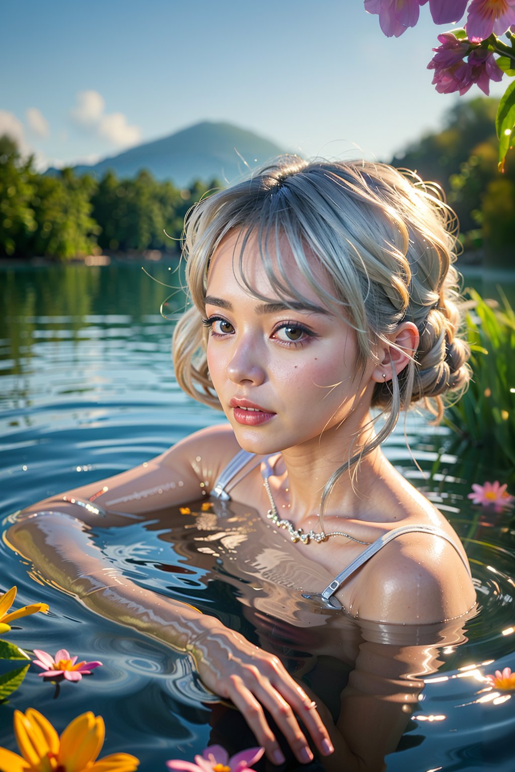 photorealistic, full body picture, detailed facial features, nuanced skin tones, HD, 8k, ultra high definition, intricate details, Ultra realistic, full body, A girl bathing in the lake, sweating, silver hair, blue eyes, summer sunshine, flower, monkey