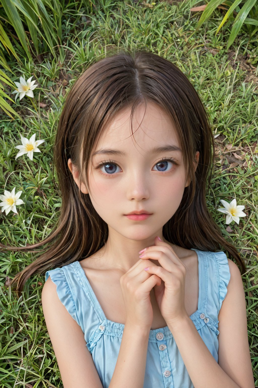 A whimsical scene unfolds: A young girl lies on her stomach in a sun-kissed meadow at the end of summer, her chin cradled in the palm of her hand. Her gaze is fixated on a tiny insect, posed adorably on a nearby blade of grass. The warm light casts a gentle glow on her profile, with soft focus blurring the surrounding flora.