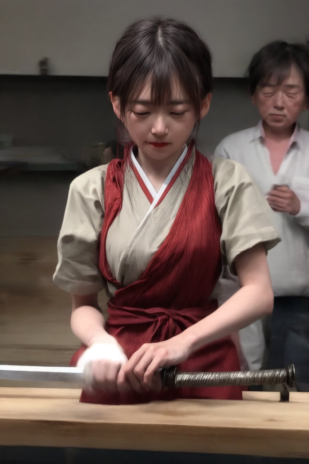 A female Japanese swordsmith hammers a block of red-hot iron into a Japanese sword