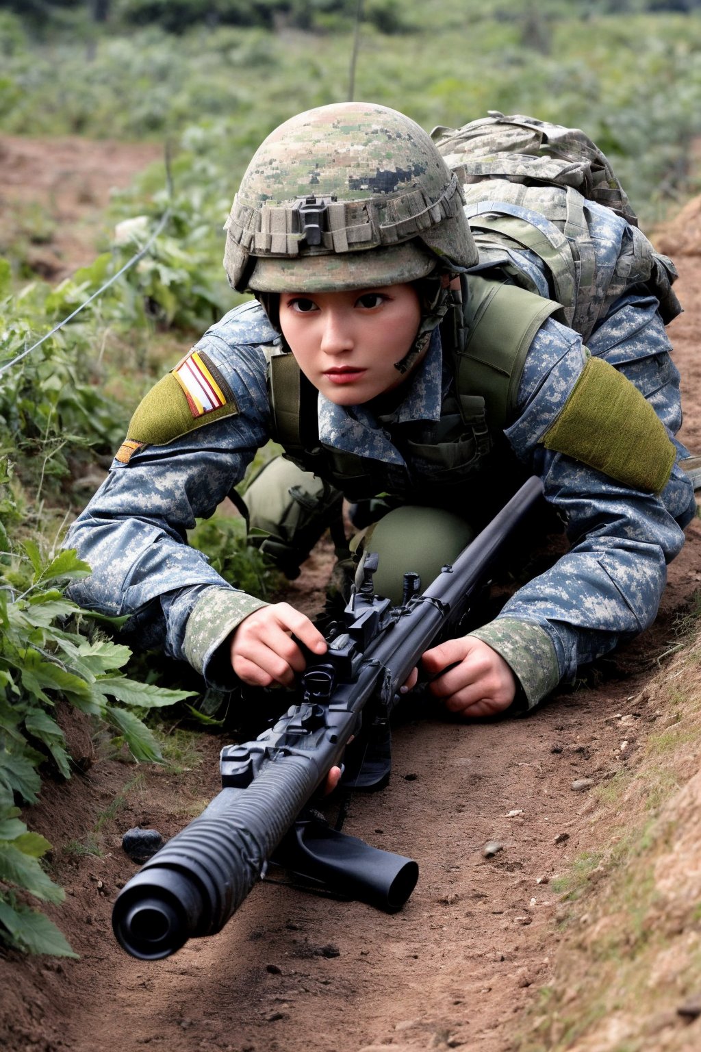 A female soldier crawls under barbed wire, carrying a rifle