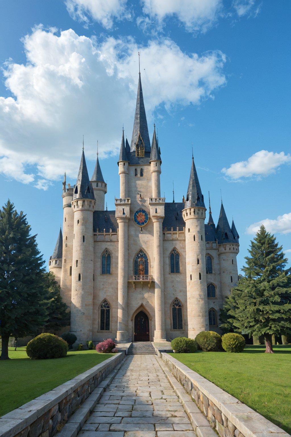 In a misty twilight landscape, a majestic dream castle rises from the clouds, its turrets and towers shrouded in a soft, ethereal glow. The stone walls seem to shimmer with an otherworldly light, as if infused with the magic of the night sky. A winding path leads up to the grand entrance, where a regal figure stands poised, ready to claim their kingdom within the mystical fortress's dreamlike halls.