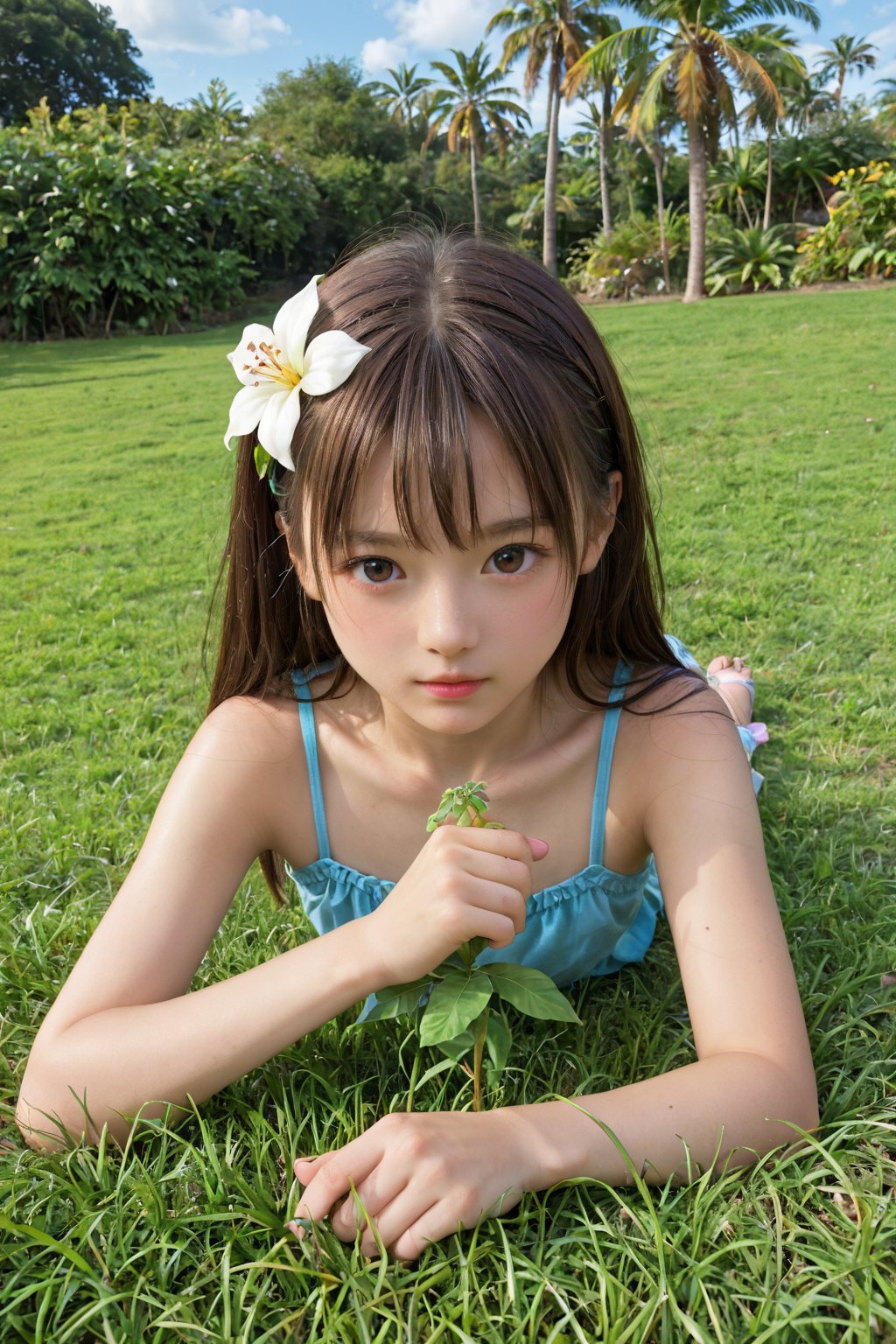 A whimsical scene unfolds: A young girl lies on her stomach in a sun-kissed meadow at the end of summer, her chin cradled in the palm of her hand. Her gaze is fixated on a tiny insect, posed adorably on a nearby blade of grass. The warm light casts a gentle glow on her profile, with soft focus blurring the surrounding flora.