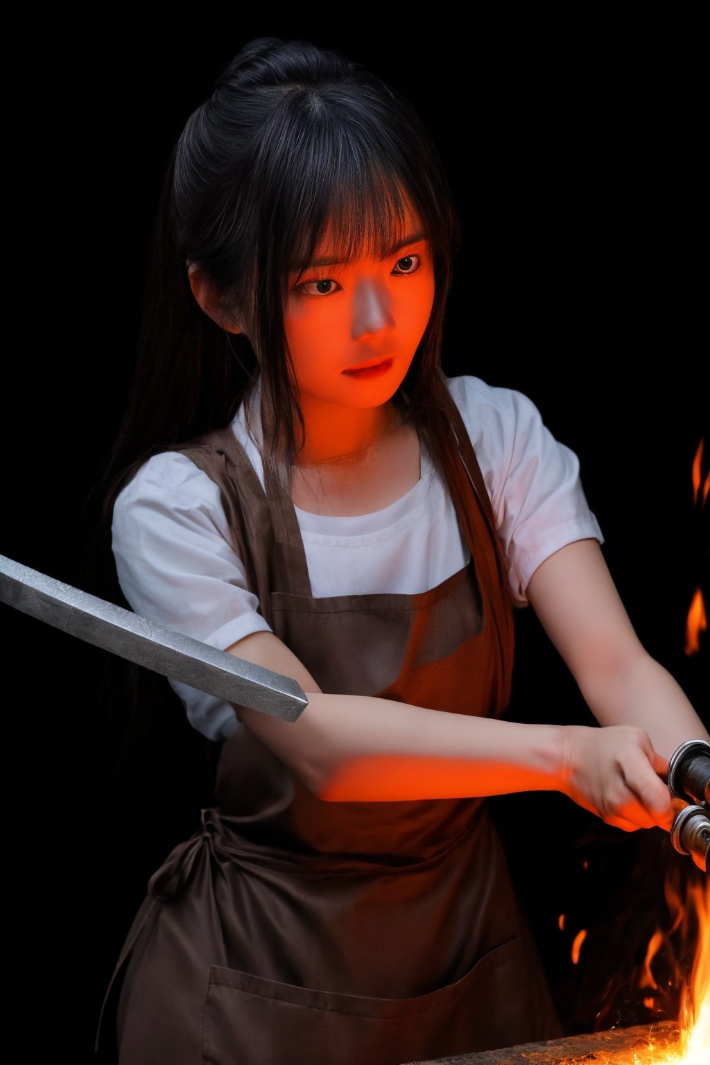 A close-up shot of a determined Japanese woman, her face set with concentration, as she swings a hammer in swift, precise arcs to shape a glowing piece of red-hot iron into the curved blade of a katana. The sound of hammer striking metal echoes through a well-lit forge, casting a warm glow on the subject's dark hair and worn apron.